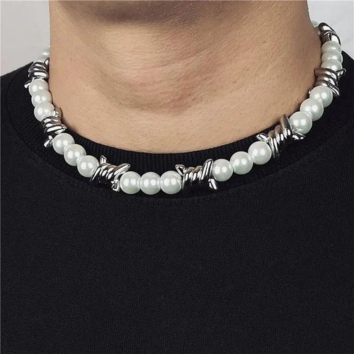 Punk Pearl Barbed Wire Chain Necklace Gothic Metal Jewelry Gift Men Women