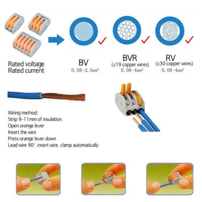 10X2Wege Federhebel Anschlussklemme Stromkabel Draht Klemmen Block 400V/32A Kits