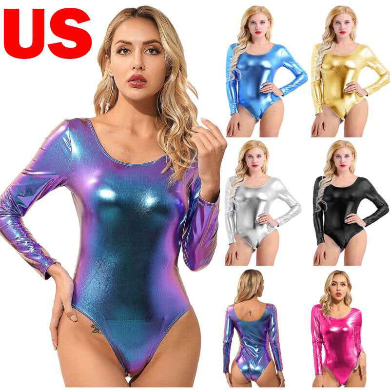 US Women's Shiny Dance Leotard Long Sleeve Leather Bodysuit Latex Catsuit Tops