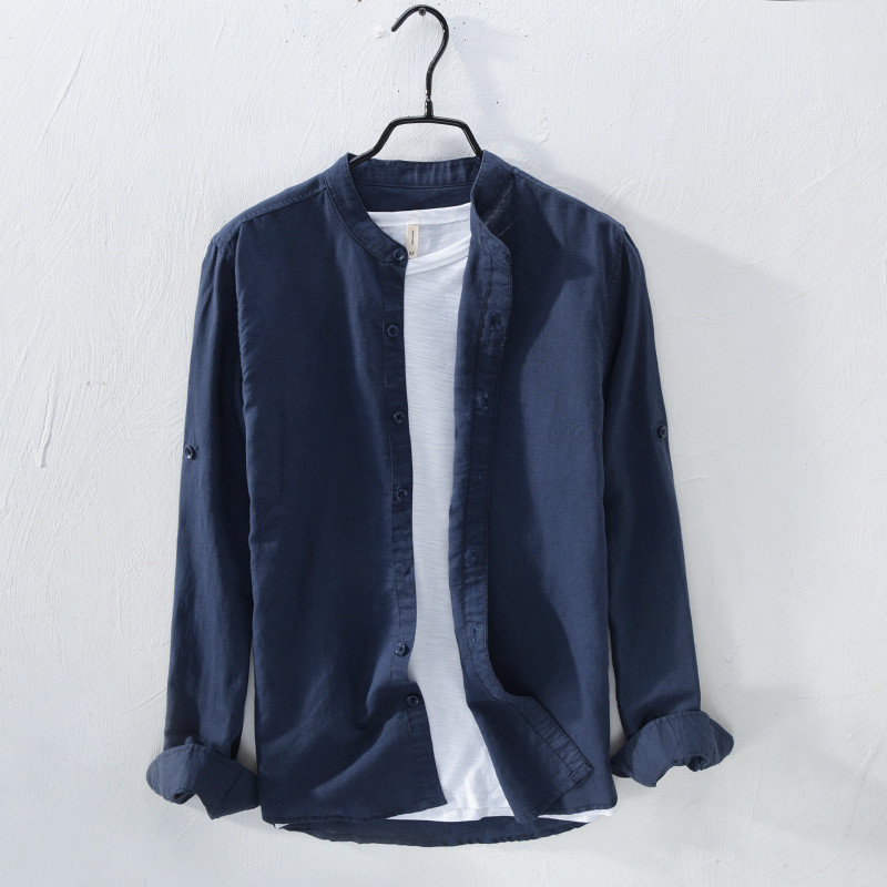Men Linen Cotton Shirt Top Casual Stand Collar Long Sleeve Button Down Soft New