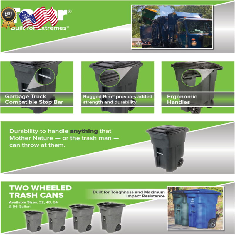 64 Gallon Black Garbage Can with Wheels and Lid