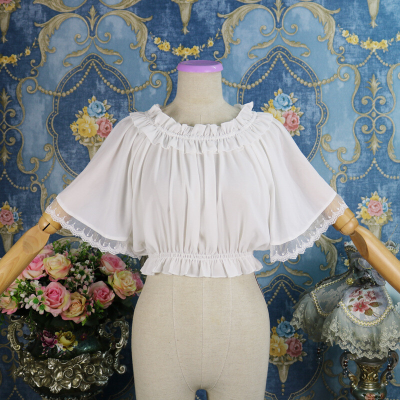 Women Lolita Blouse Shirts Tops Lace Ruffle Sleeve Pleated Vintage Style Lovely