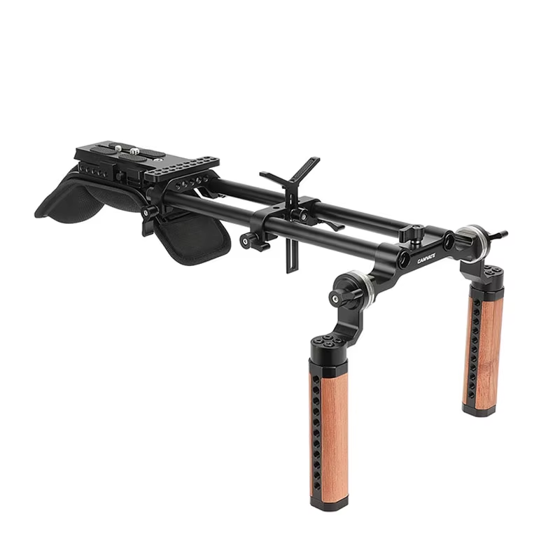 Shoulder Mount 15mm Railblock Rig with Manfrotto QR Plate Wooden Handgrip Lens S