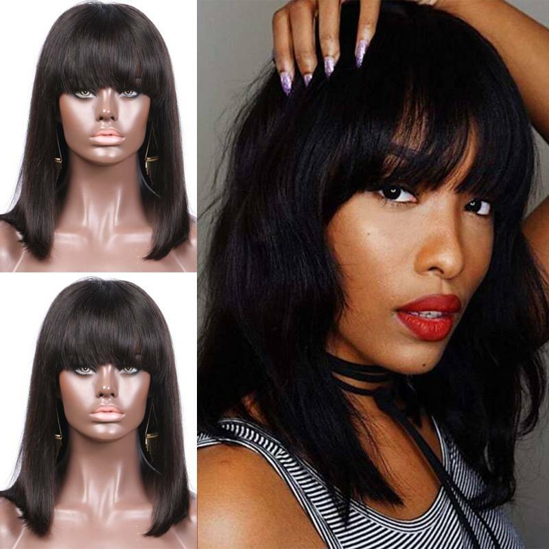 Black Women Bob Full Wigs With Bangs Malaysian Virgin Human Hair