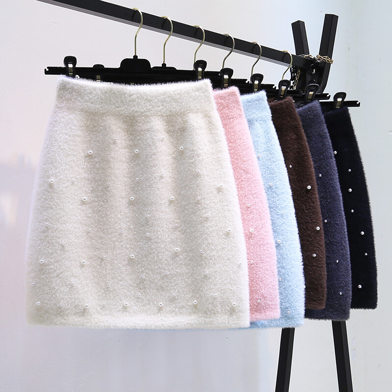 Lady Beaded Furry Short Skirt Faux Mink Fur High Waist A-line Bodycon Casual
