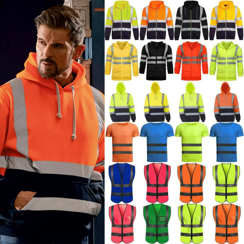 Men's Hi Vis Viz Visibility Safety Work Hoodie Jacket Coat Reflective Outwear U.