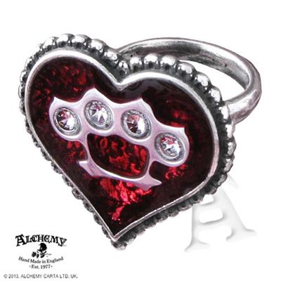 Alchemy Gothic UL17 Tough Love Heart Ring in Pewter Red Enamel Crystal