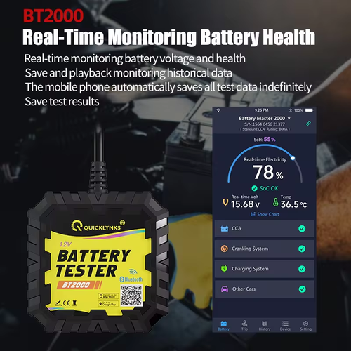 QUICKLYNKS BT2000 Bluetooth Car Battery Monitor Tester Cranking Charging Test