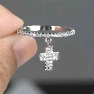 Shining Inlaid Zirconia Ring Cross Shape Pendant Finger Ring Silvery Women Gift