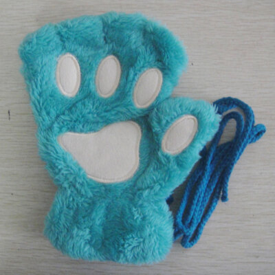 Women Bear Plush Cat Paw Claw Gloves Winter Faux Fur Fingerless Mittens Gloves