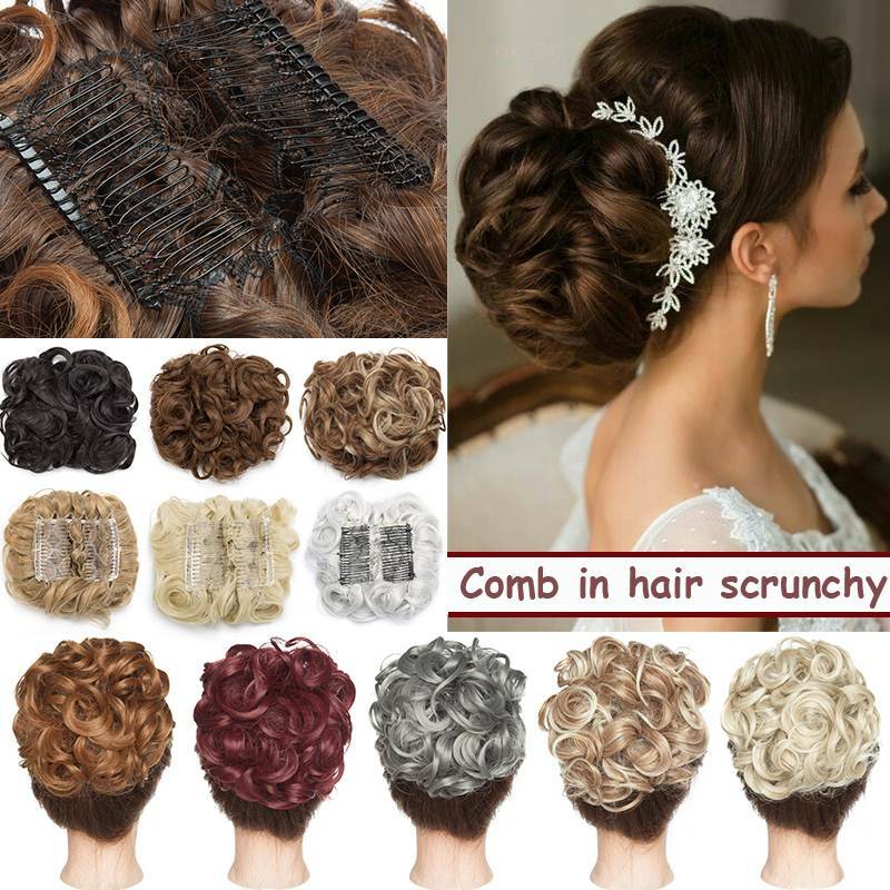Big Natural Bun Hair Extensions Thick Curly Comb In Scrunchie