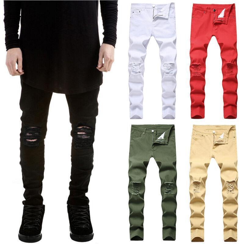 Mens Denim Jeans Trousers Ripped Pants Stretch Skinny Casual Distressed Slim Fit