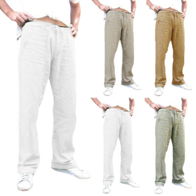 Mens Cotton Linen Trousers Straight Casual Pants Loose Baggy Drawstring  Pants 