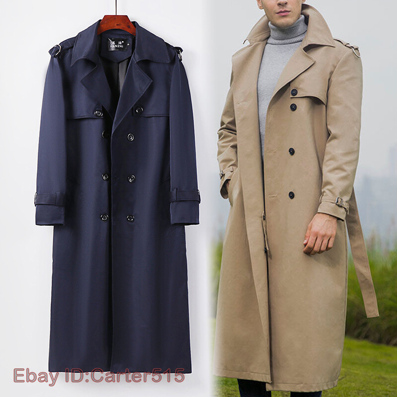 S-9XL Over Knee long Trench Coat Mens Lapel Collar Double