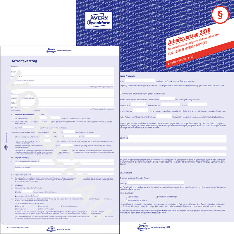 Arbeitsvertrag AVERY Zweckform 2879-5 A4 Blau SD 1 Satz/4 Blatt für DE Pckg/5