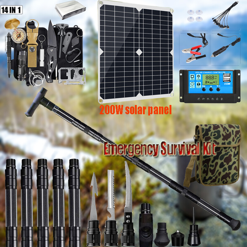 Tactical Trekking poles 14-In-1 Survival Kit Camping Hiking 200W Solar Panel Kit