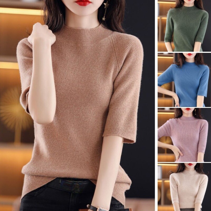 Lady Ribbed Knitted Sweater Mock Neck Jumper Short Sleeve Knitwear Slim Fit Tops
