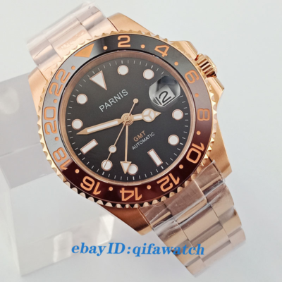 40mm PARNIS black dial Sapphire glass rose gold case GMT automatic