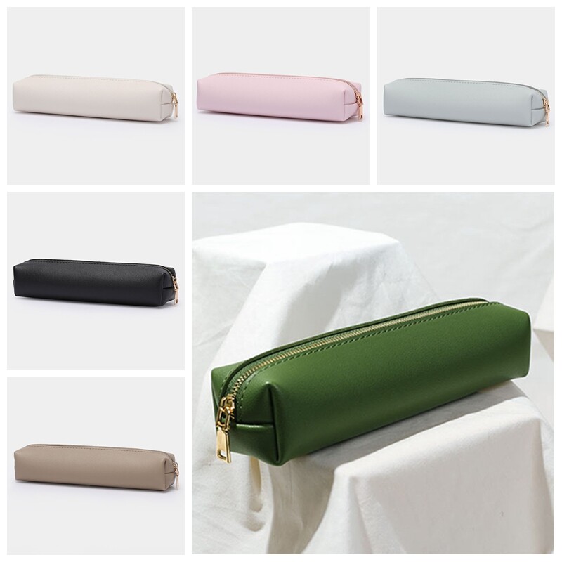 Student Pen Pencil Cases Bag Faux Leather PU Zip Stationery School Supplies