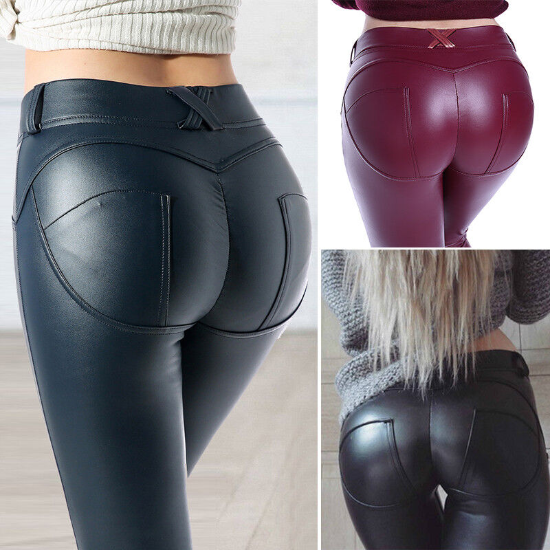 Women Sexy PU Leather Yoga Pants Hip Push Up Workout Stretch Leggings Trousers 14