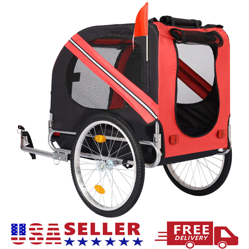 Folding Pet Bicycle Trailer Dog Cat Bike Carrier Mesh Dog Cart Wagon w/ 3 Doors