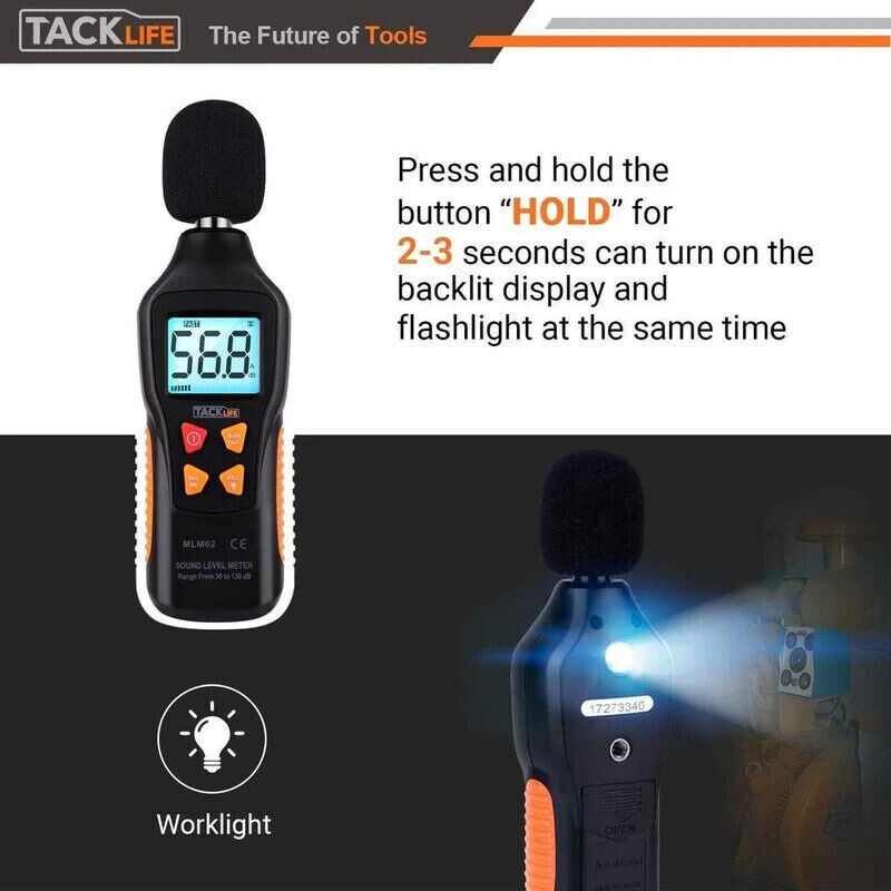 Tacklife Digital Sound Level Meter Decibel Meter 30-130dB Range SPL Pressure
