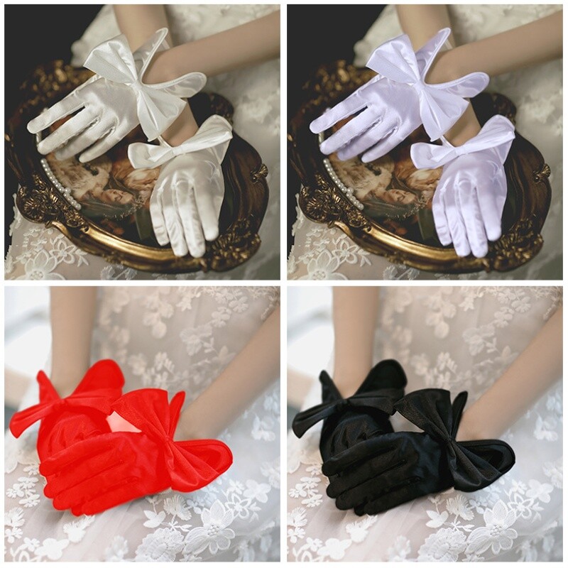 Women Short Gloves Shiny Satin Bow Bride Wedding Party Gown Accessory Retro