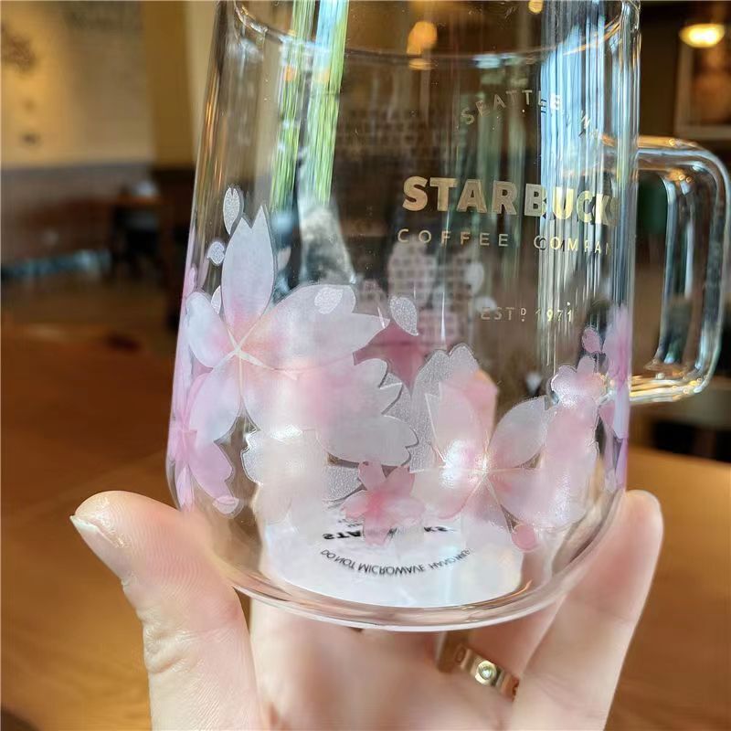 New Starbucks Pink Sakura Color changing Glass Coffee Mug Cup + Flower Stick