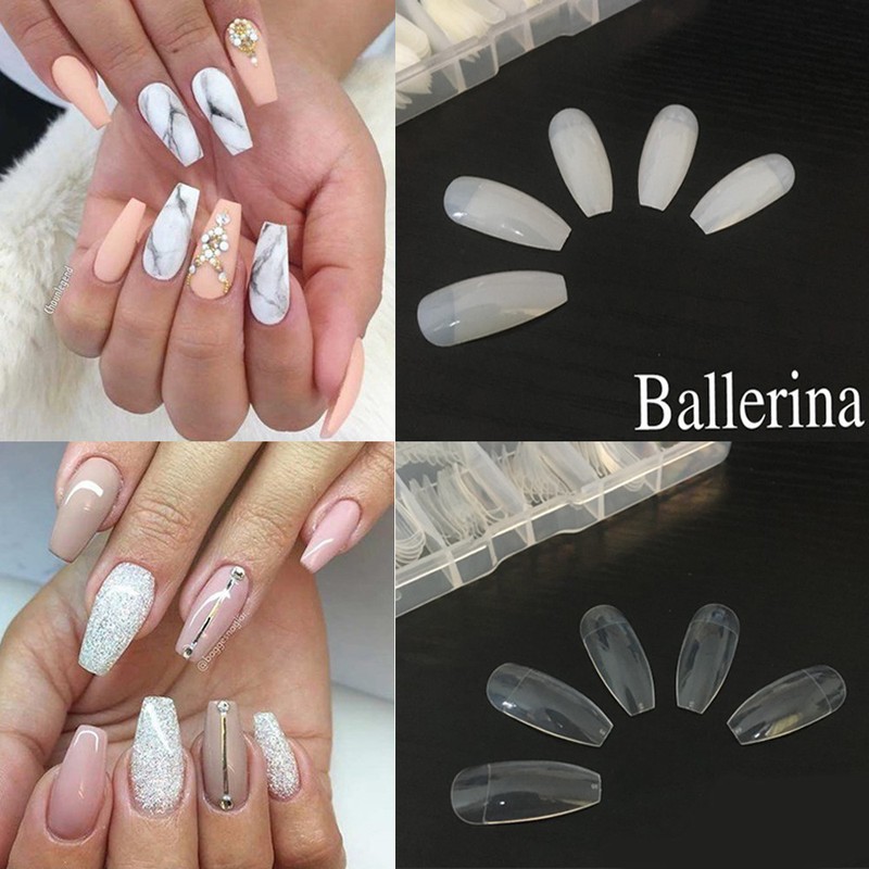 600pc Nagel Tips Ballerina Natur Coffin Nails Full Cover Kunstliche Nagel Kleber Ebay