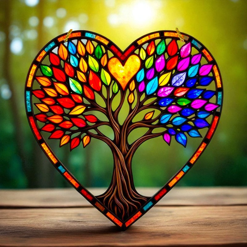 Heart Tree of Life Suncatcher 8in - Rainbow Faux Stained Glass Window Decor