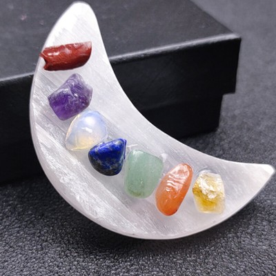 Natural Quartz Crystal Therapy 7 Chakra Healing Stone Gypsum Moon Shaped Decor