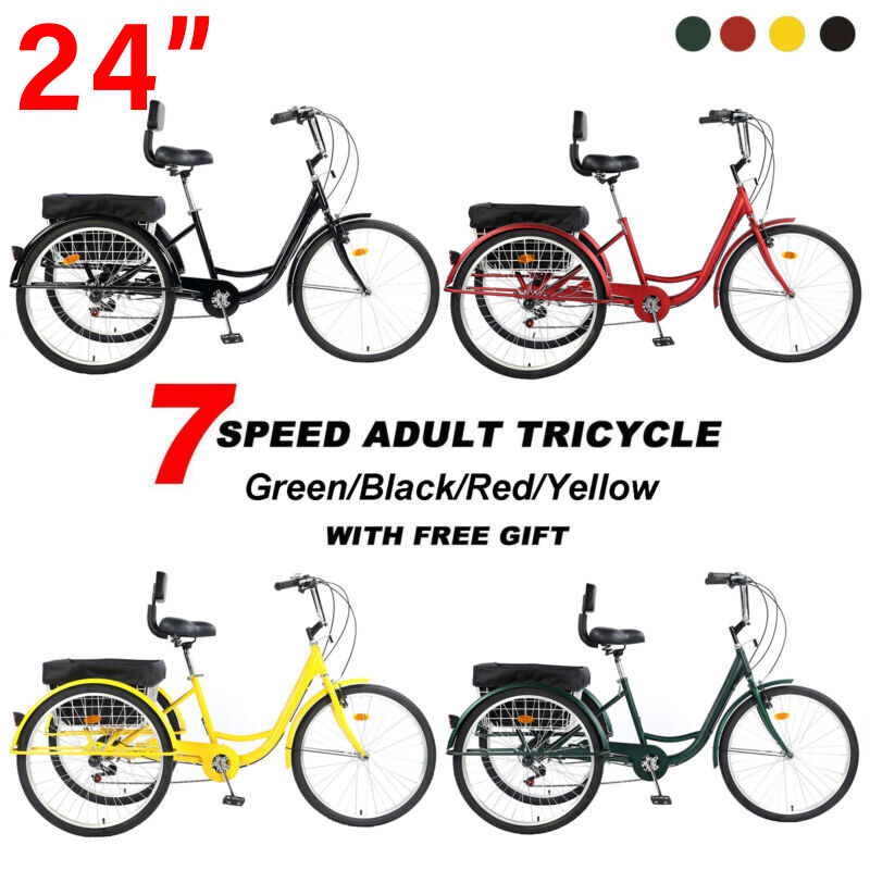 24" Trike 7 Speed Adult Tricycle 3-Wheel Bycicle Bike w/Bask