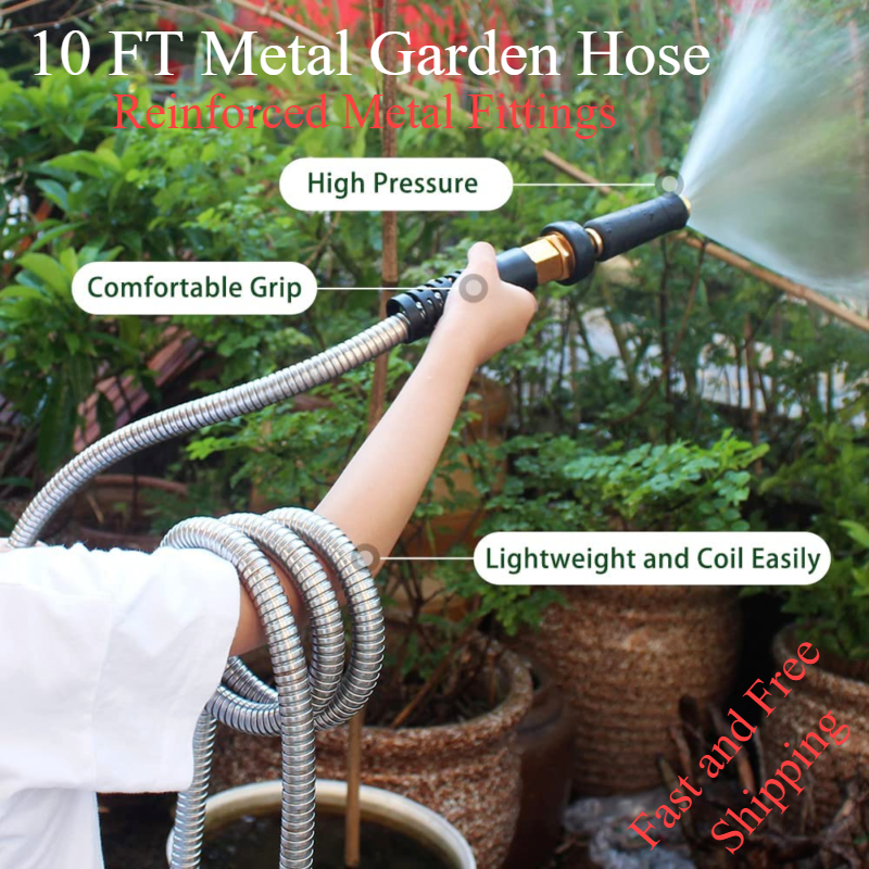 10FT Metal Garden Hose Drinking RV Water Reinforced Metal Fittings Reel Extender