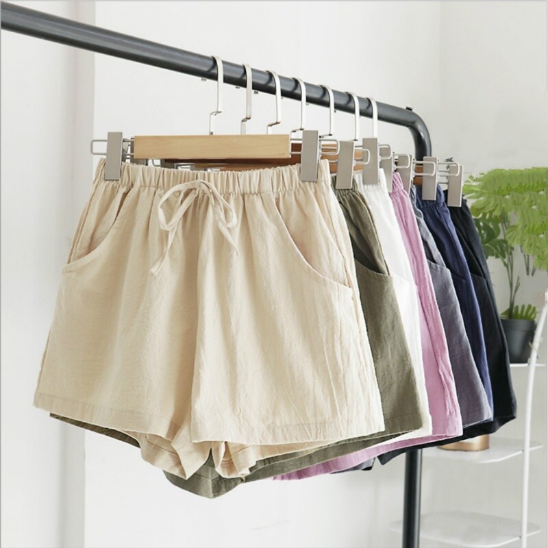 women-draswstring-linen-shorts-loose-trousers-pants-elastic-waist-summer