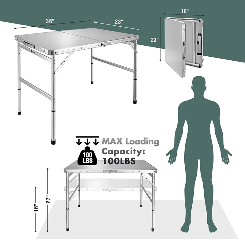 VILLEY Folding Camping Table Portable Outdoor Table w/Adjustable Leg 2ft/3ft/4ft