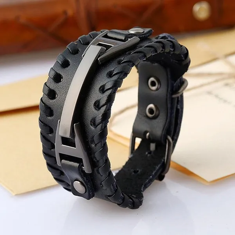 Women Men PU Leather Bracelets Punk Handmade Wide Cuff Rope Bracelet Woven Wristband Bangles