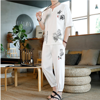 Men Chinoiserie Linen Shirt Pant Set Short Sleeve Shirt Tops Trousers Retro Slim