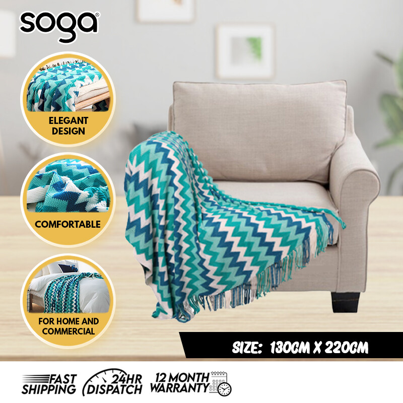 SOGA Blue Zigzag Striped Knitted Throw Blanket 130x220cm