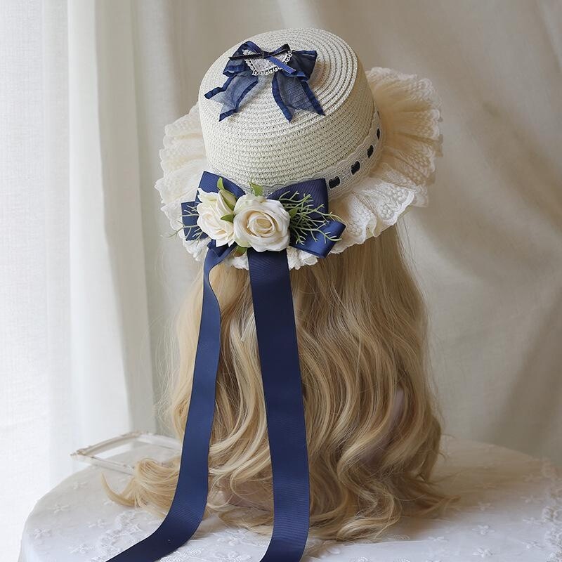 Women Girls Lace Trim Bowknot Floral Straw Hat Lolita Tea Party Sun Cap Summer