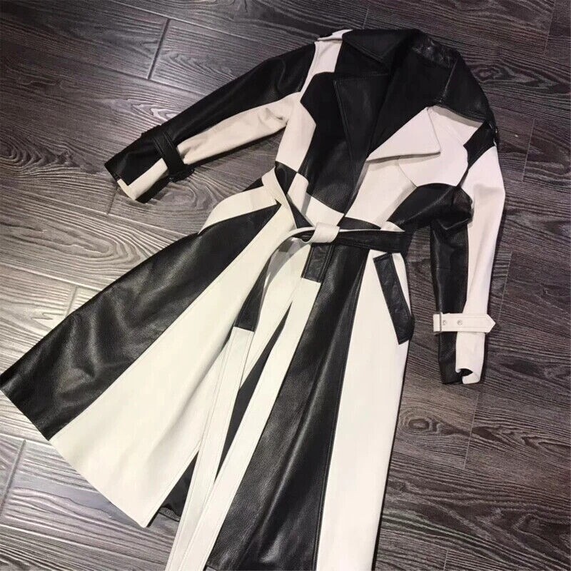Customized Black And White Coat Genuine Lambskin Leather Mens Long Trench Coat
