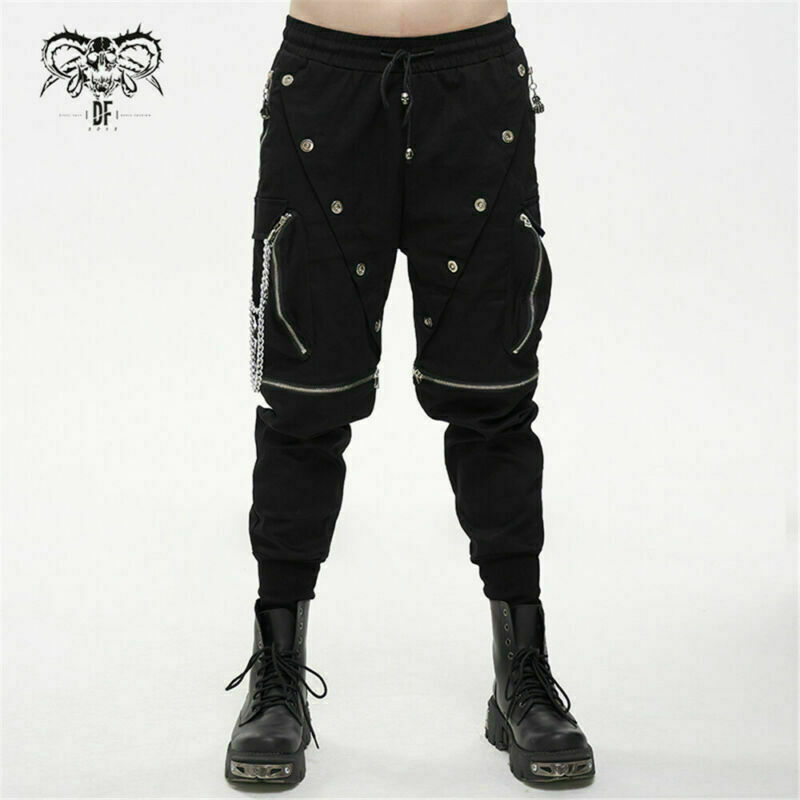 Devil Fashion Men's Cargo Trousers Stainless Steel Chain Decoration Casual Pants