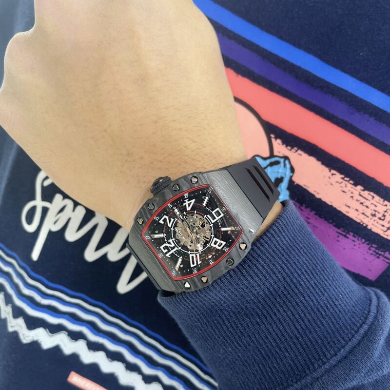 Pre-owned Hanboro Men Automatic Watch Mechanical Wristwatch Tonneau Carbon Fibre Bezel