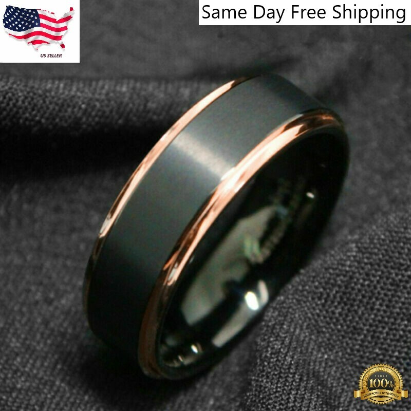 Tungsten Carbide Wedding Band Ring Rose Gold Step Edge w Brushed Black Center 