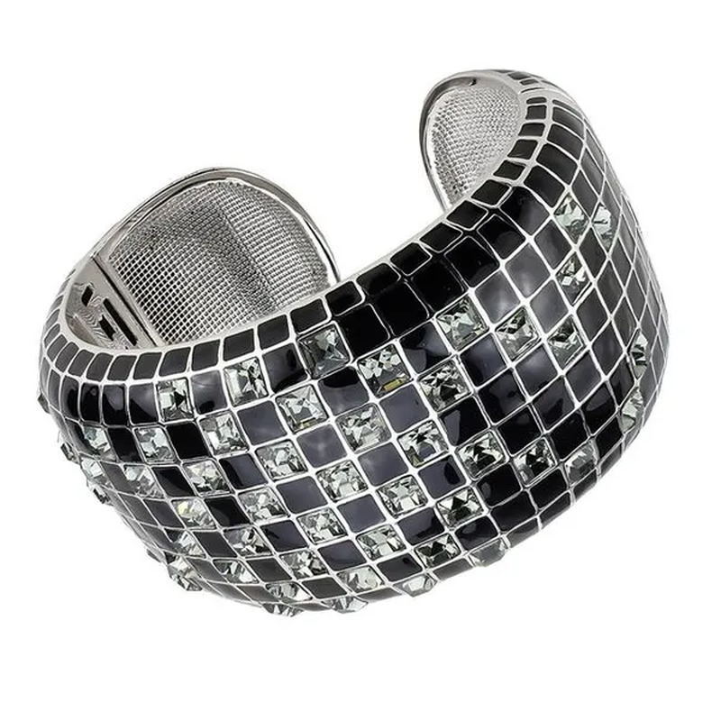 Women Rhodium Brass Bangle with Top Grade Crystal in Black Diamond - 6.75 In.