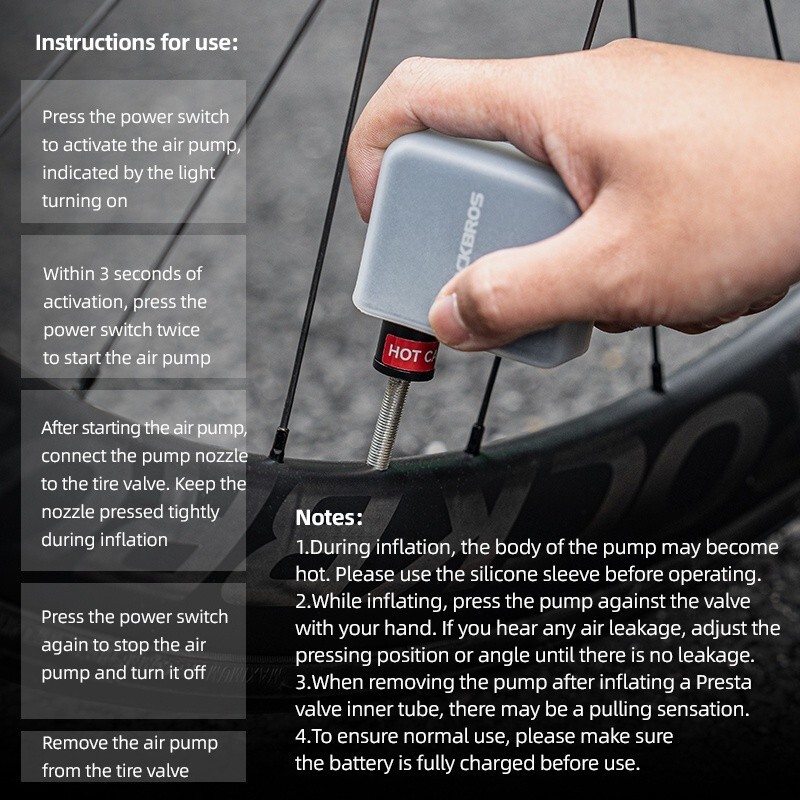 ROCKBROS Bike Electric Air Pump Portable 100PSI Tire Inflator Type-C Rechargable