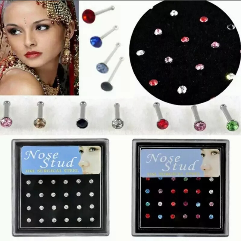 Pack of 24 Stainless Steel Nose Studs | Clear or Mixed Colours | 20GA(0.8mm) pin