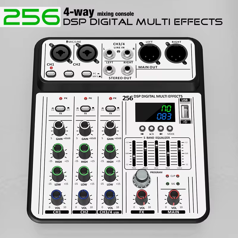 Professional 4-Channel 256DSP Audio Mixer 48V Phantom Power USB Studio Karaoke B
