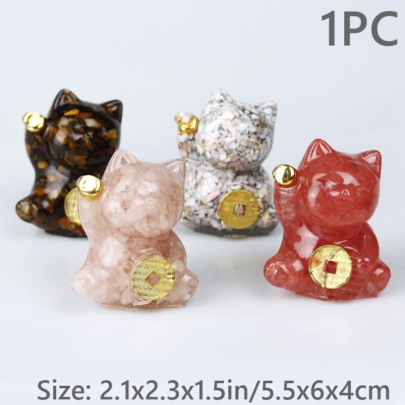 Resin Crystal Fortune Cat Sculpture Mini Ornament Cute Figurine Table Decoration