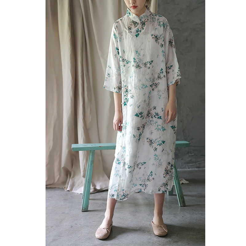 Femme Qipao Robe Midi Mandarine Col Ethnique Rétro en Vrac Neuf