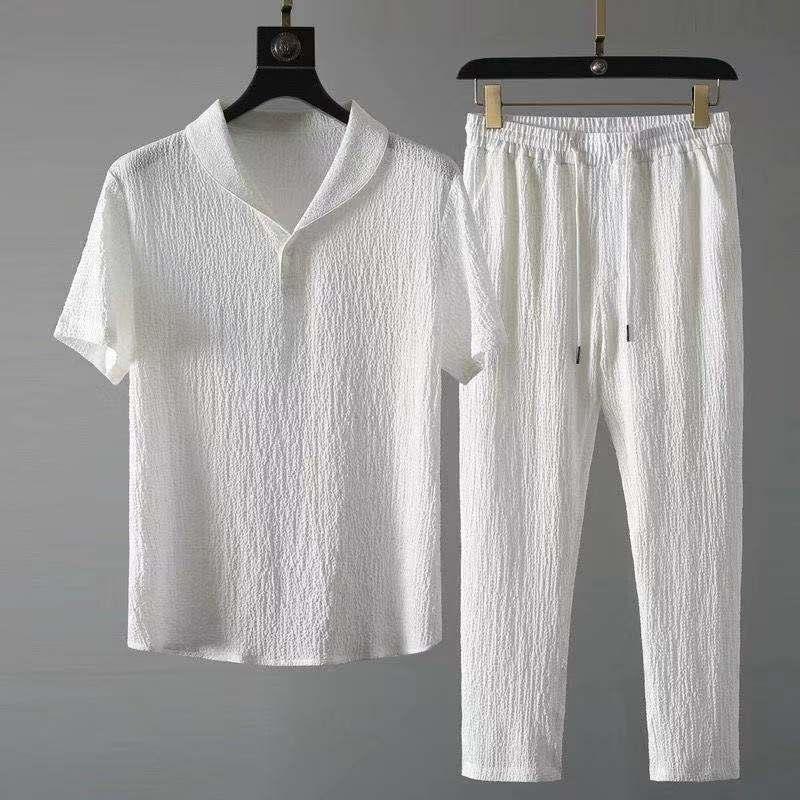 Summer Men'S 2Pc Cotton Linen Walking Suit Short Sleeve Casual Shirt & Pants  Set - Đức An Phát